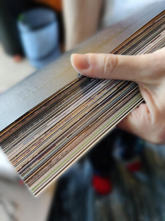 Photo of a hand holding the book, showing the pages. Photo of a hand holding the book, showing the pages.