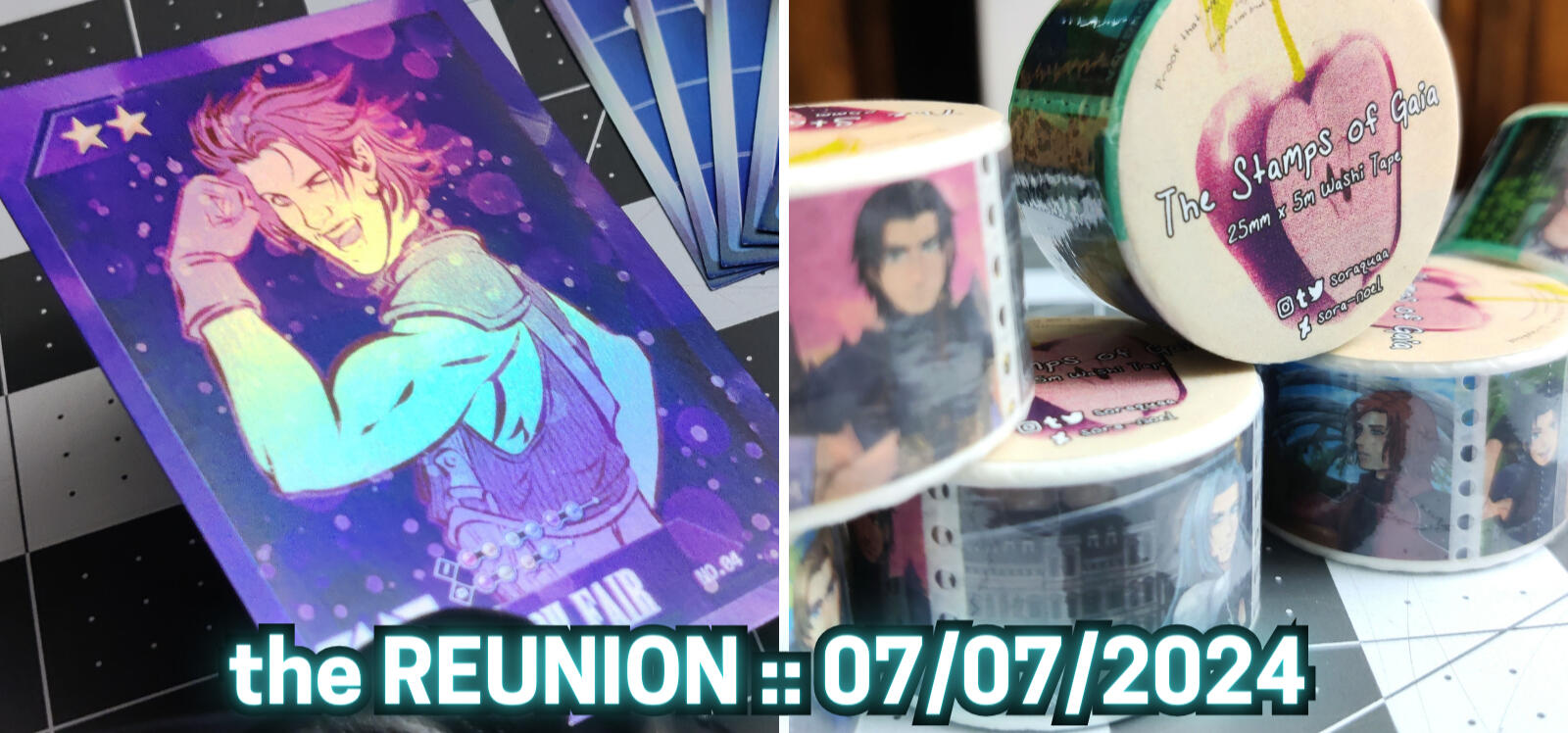 Promotional image with a photo of the LOVELESS show ticket and the transparent Polaroid acrylic charm. Text reads: THE REUNION 07/07/2024. Digital preview of the updated front and back covers. Gold foil detail will be present on the Buster sword portion of the back cover doodle, the text and logo will be foil stamped, and Crimson Sun's cover artwork will have Spot UV.