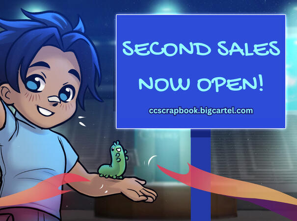 Art of a young Zack holding a caterpillar on his arm, with a box reading SECOND SALES NOW OPEN! beside him.