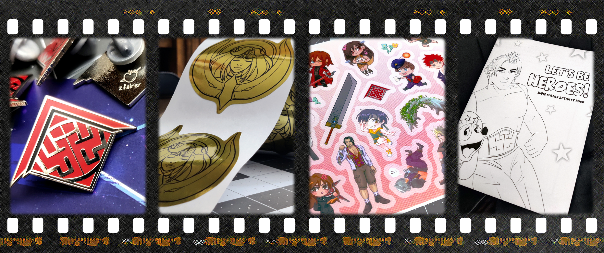 Enamel pin by @zfairer, Goddess sticker by @frienduccine, Mixed artist sticker sheet, Activity book by @zfairer Strip of film with images of merch products produced for the zine. From left to right, Enamel pin by @zfairer, Goddess sticker by @frienduccine, Mixed artist sticker sheet, and activity book by @zfairer.