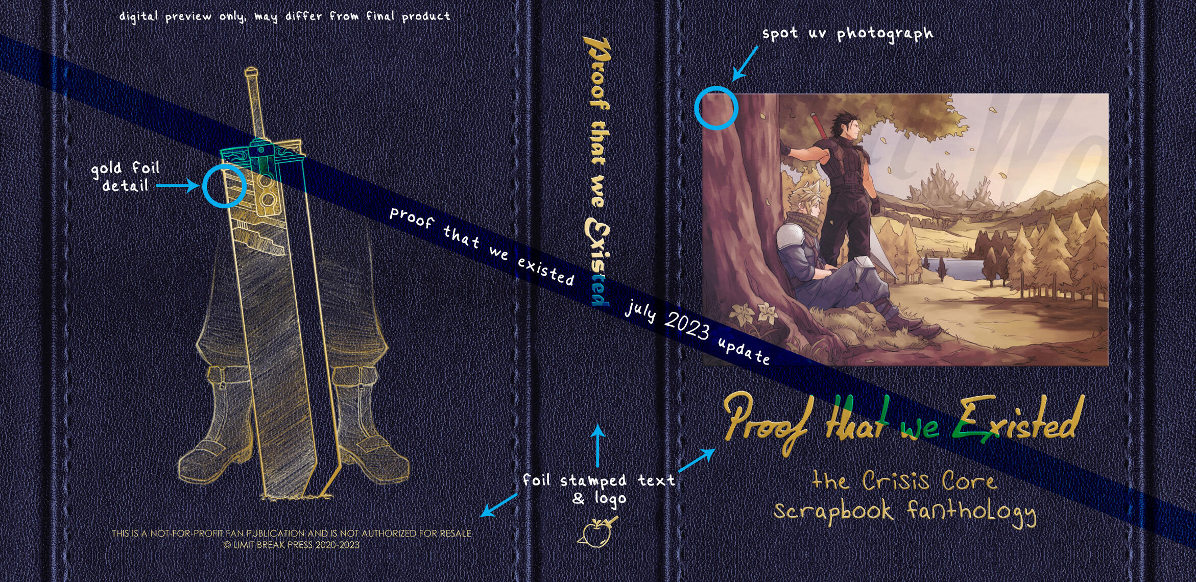 Updated cover by Crimson Sun (front) and Guile (back) Digital preview of the updated front and back covers. Gold foil detail will be present on the Buster sword portion of the back cover doodle, the text and logo will be foil stamped, and Crimson Sun's cover artwork will have Spot UV.