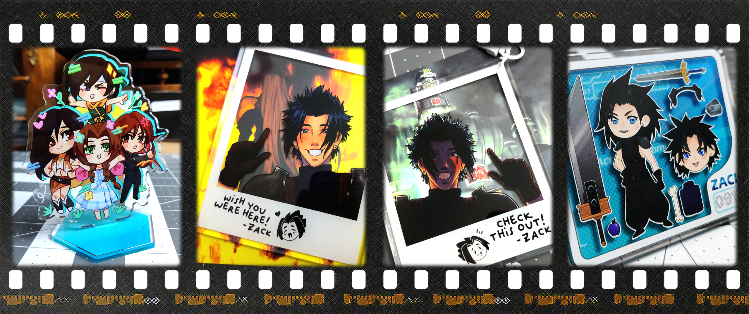 Strip of film with images of merch products produced for the zine. From left to right, Standee by NerddyButterfingers, Polaroid charm (double sided) by @aeveternal, Toybox charm by @limit_broken.
