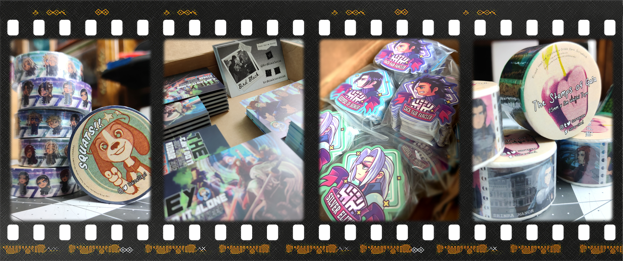 Strip of film with images of merch products produced for the zine. From left to right, Washi tape by @HaizeUqei, Postcards by @BirdBlackSocial, Sticker set by @IttyBittyPixel, and Stamp Washi by @soraquaa