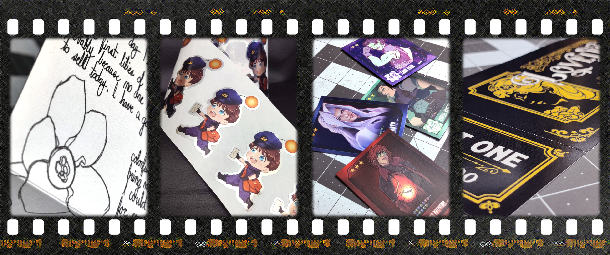 Strip of film with images of merch products produced for the zine. From left to right, Aerith letter by @WritingWoodard, Kunsel sticker by @JudithKayakat, Mixed artist trading cards, Loveless ticket by @Maskenjager